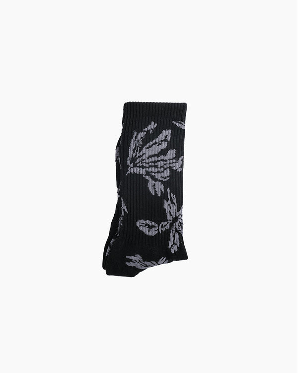 Jacquard Flower Crew Sock front view — black floral pattern, Made in USA by Fiori Golf