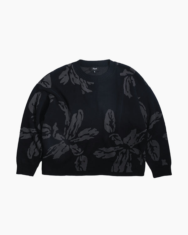 Flower Knit Sweater front view — jacquard flower pattern in blue by Fiori Golf