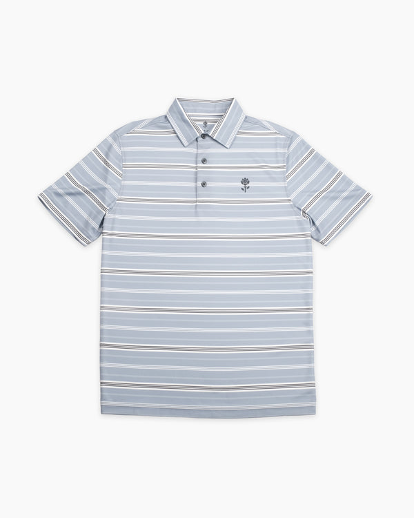 Channel Polo front view — blue striped Coolcore golf polo by Fiori Golf