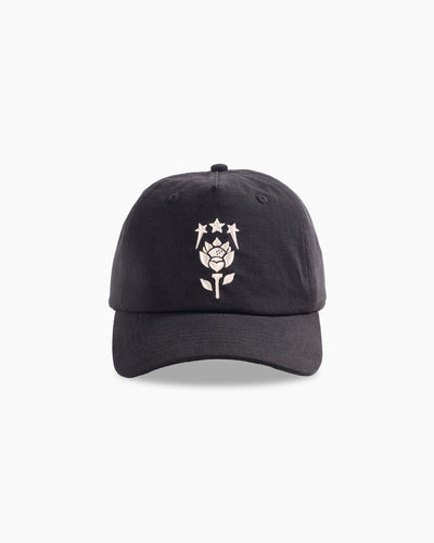 Dune 5-Panel Hat front view — black cotton ripstop golf cap by Fiori Golf