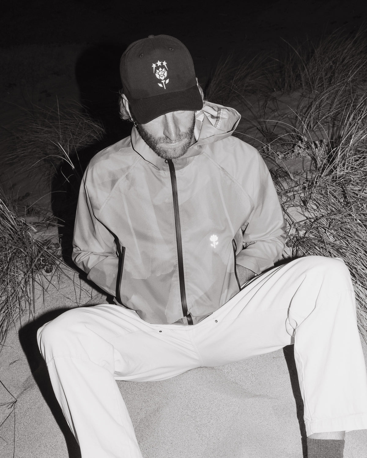 Onda 3L Jacket lookbook shot — gray jacket styled in Fiori in Bloom lookbook