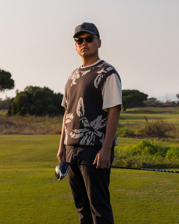 Flower Knit Vest on model — oversized knit vest styled by Fiori Golf