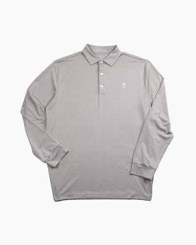 Shores Long Sleeve Polo front view — pewter melange pique golf polo by Fiori Golf