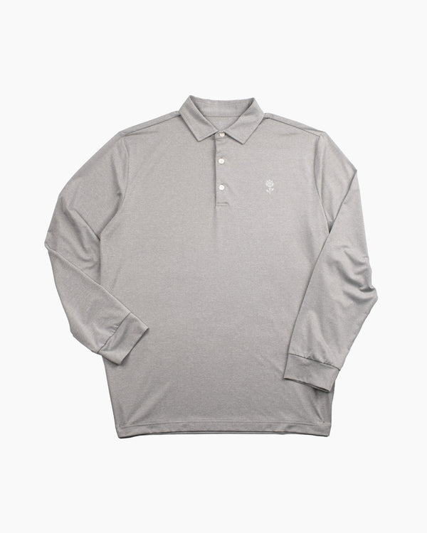 Shores Long Sleeve Polo front view — pewter melange pique golf polo by Fiori Golf